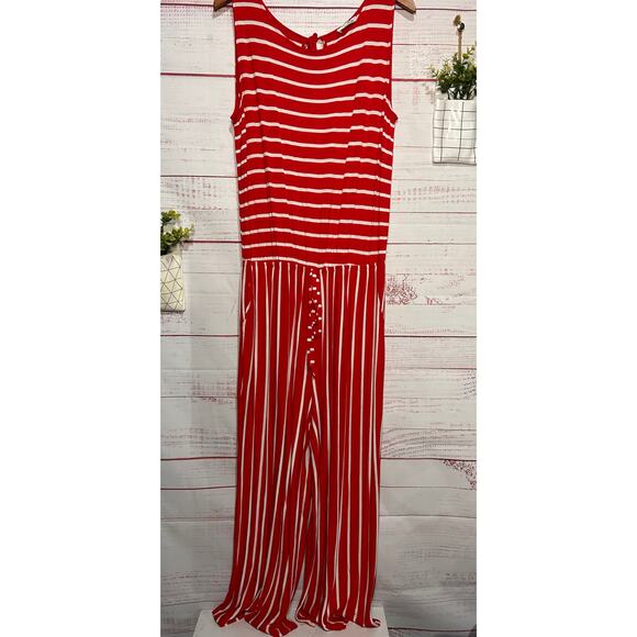 Zenana Red & White Striped Wide Leg Cropped Jumpsuit | Women's XL - Picture 1 of 6